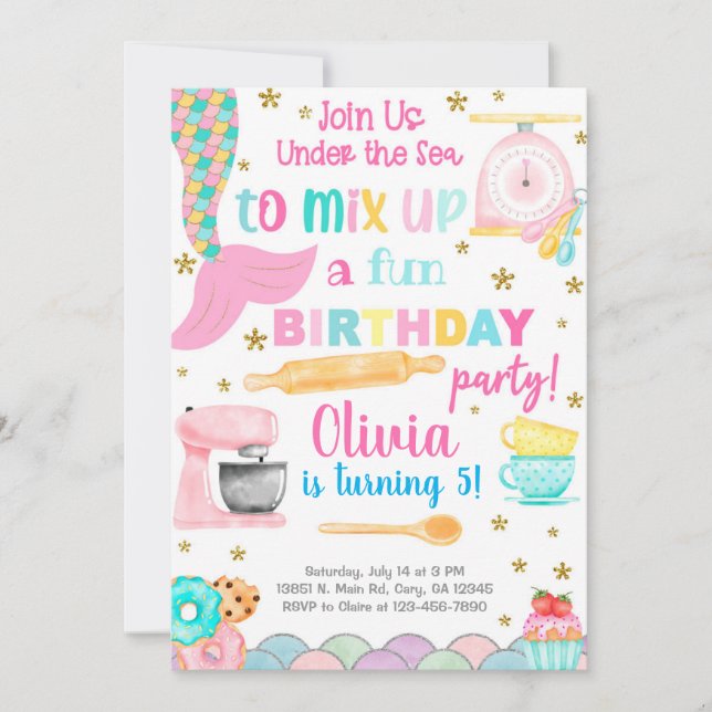 Invitación de cumpleaños de la sirena y del chica  (Anverso)