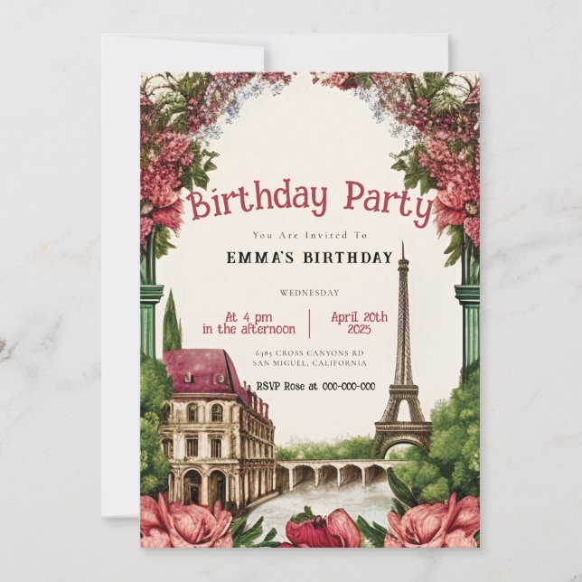 Invitación de cumpleaños de la Torre Eiffel de Par (Anverso)