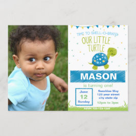 Invitación de cumpleaños de la tortuga azul con fo