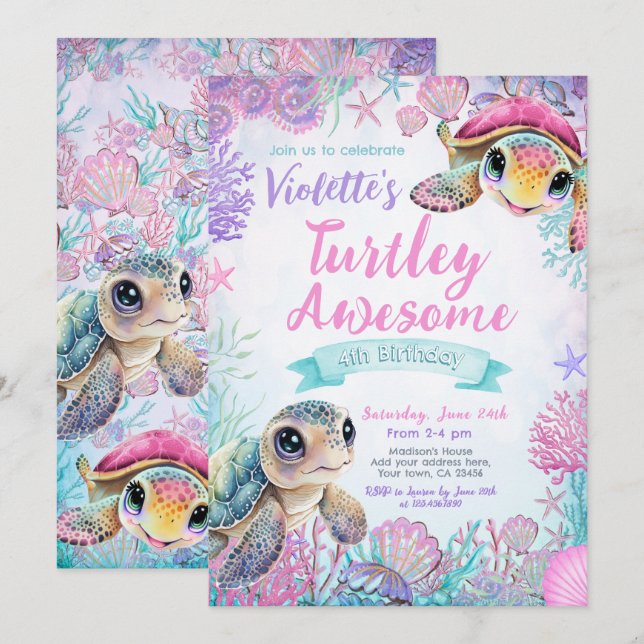 Invitación de cumpleaños de la tortuga marina (Anverso / Reverso)