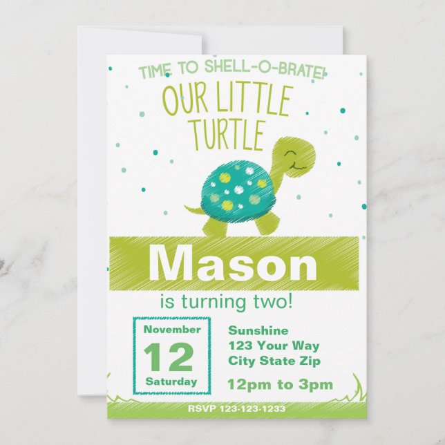 Invitación de cumpleaños de la tortuga verde (Anverso)