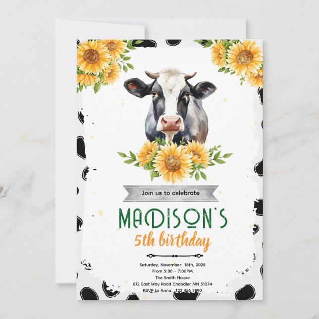 invitación de cumpleaños de la vaca girasol (Anverso)