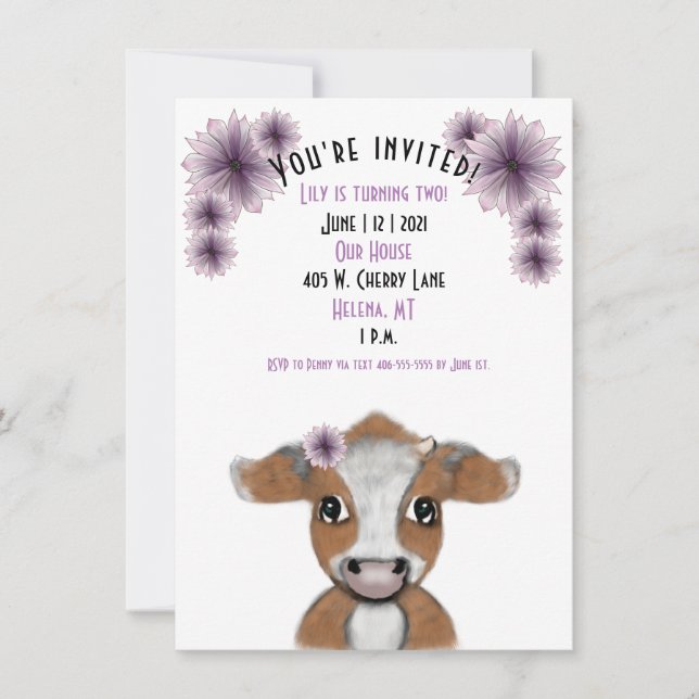 Invitación de cumpleaños de la vaca roja| Tarjeta  (Anverso)