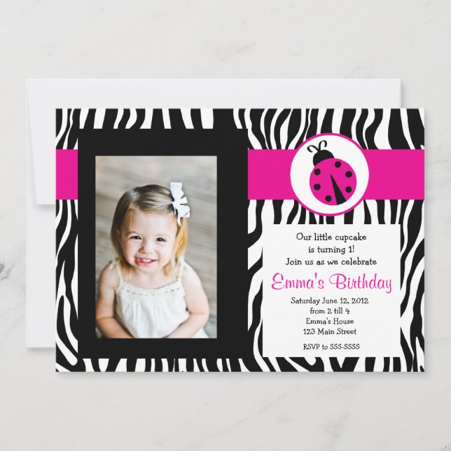 Invitación de cumpleaños de Lady Bug Rosa (Anverso)