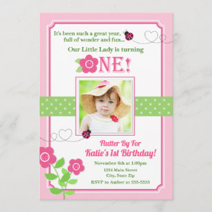 Invitación de cumpleaños de Ladybug Rosa Primer er