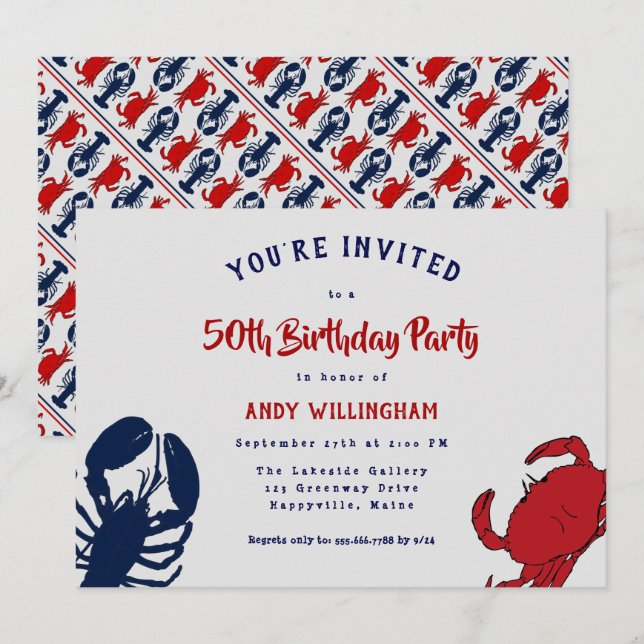 Invitación de Cumpleaños de Langosta y Cangrejo pa (Anverso / Reverso)