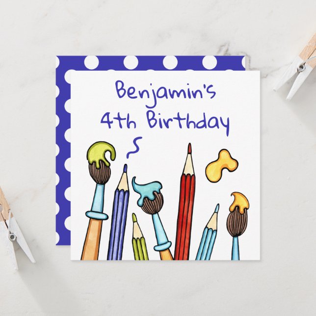 Invitación de cumpleaños de lápices y pinceles (Anverso/Reverso In Situ)