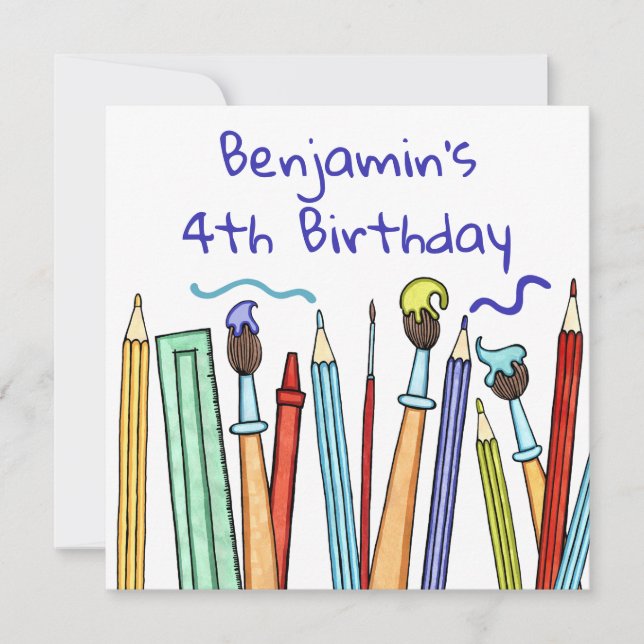 Invitación de cumpleaños de lápices y pinceles (Anverso)