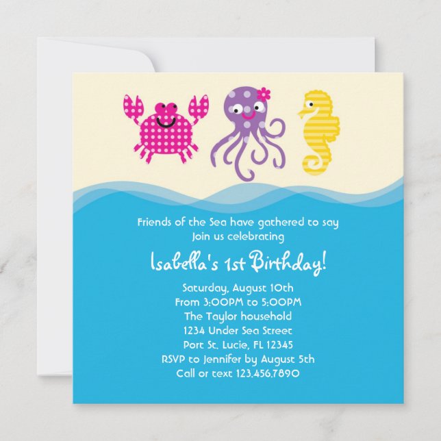 Invitación de cumpleaños de las criaturas marinas  (Anverso)