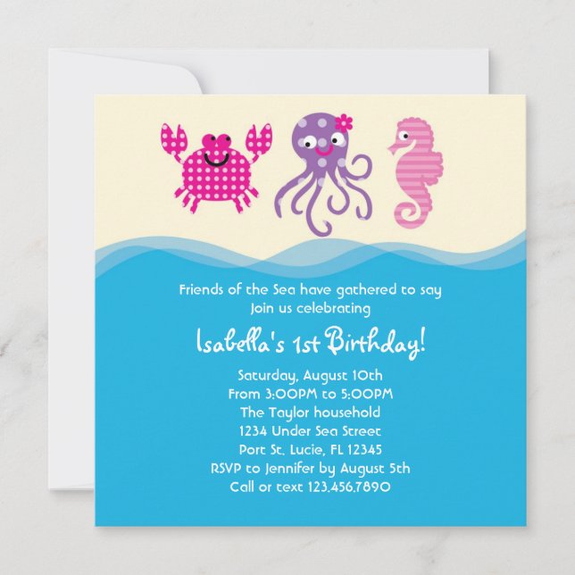 Invitación de cumpleaños de las criaturas marinas  (Anverso)