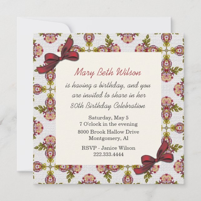 Invitación de cumpleaños de las damas florales de  (Anverso)