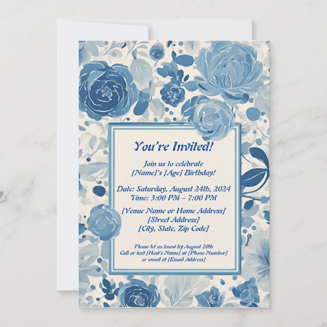 Invitación de cumpleaños de las flores azules (Anverso)