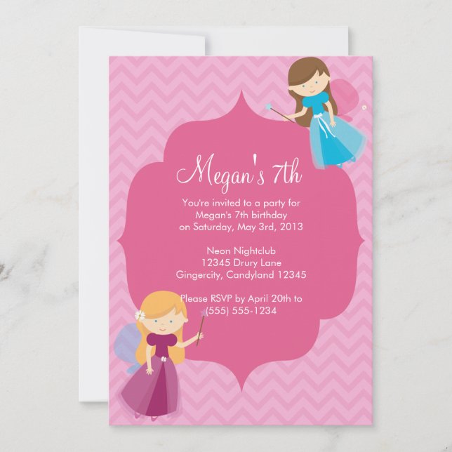 Invitación de cumpleaños de las hadas rosadas (Anverso)
