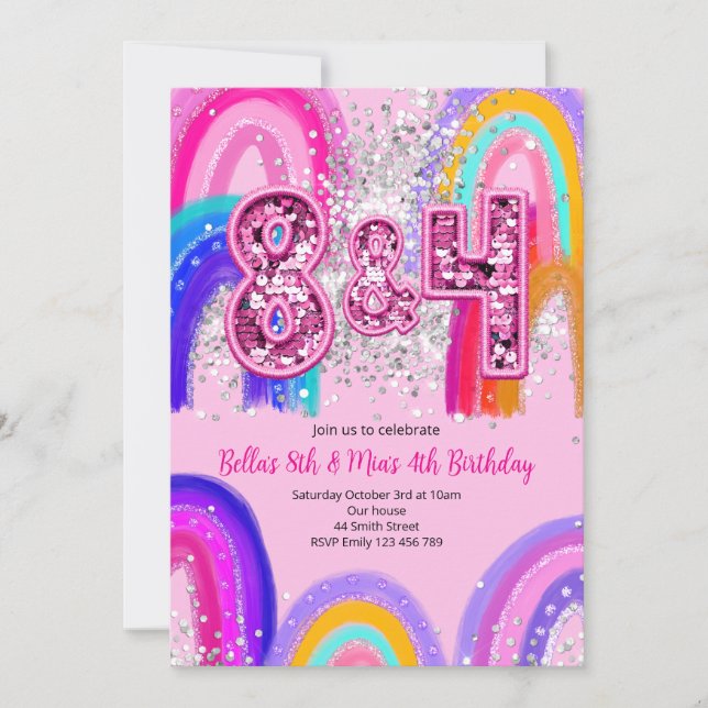 Invitación de cumpleaños de las hermanas 8 y 4 (Anverso)