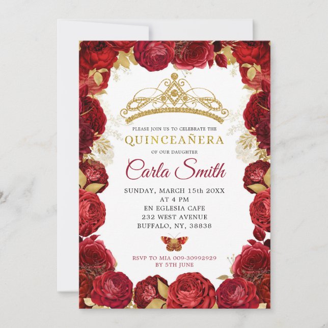Invitación de cumpleaños de las Rosas Rojas y Oro  (Anverso)