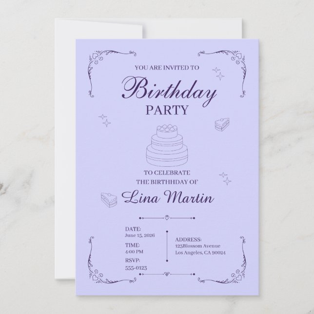Invitación de cumpleaños de lavanda (Anverso)