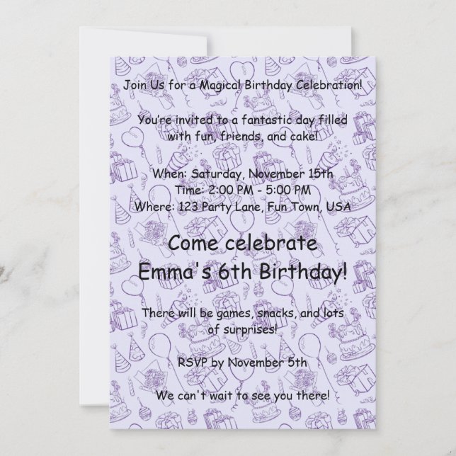 Invitación de cumpleaños de lavanda mágica para ni (Anverso)
