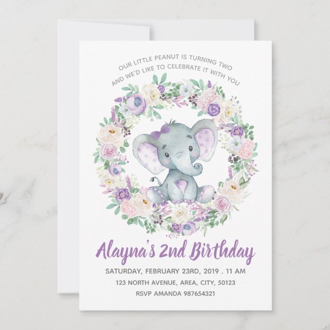 Invitación de cumpleaños de Lavender Baby Elephant (Anverso)