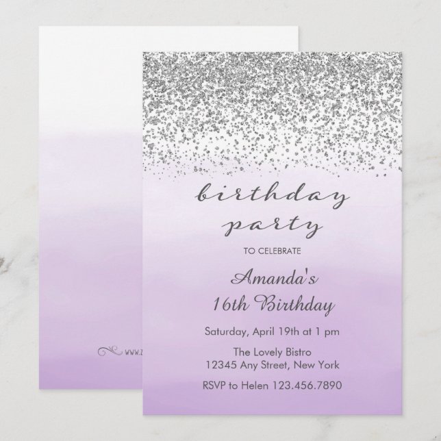 Invitación de cumpleaños de Lavender Purple y Silv (Anverso / Reverso)