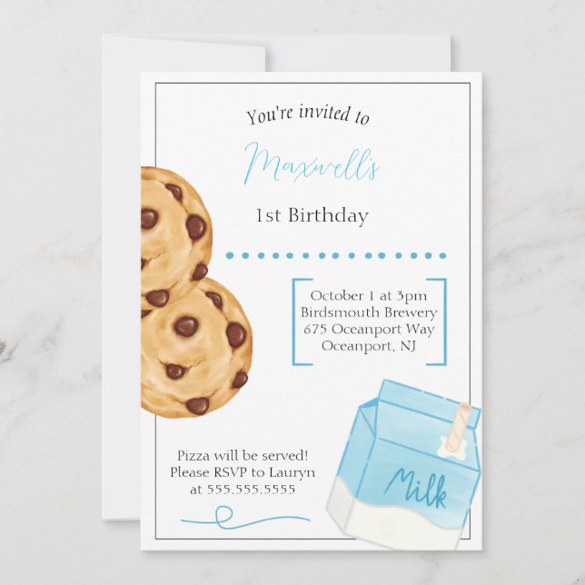 Invitación de cumpleaños de leche y galletas (Anverso)