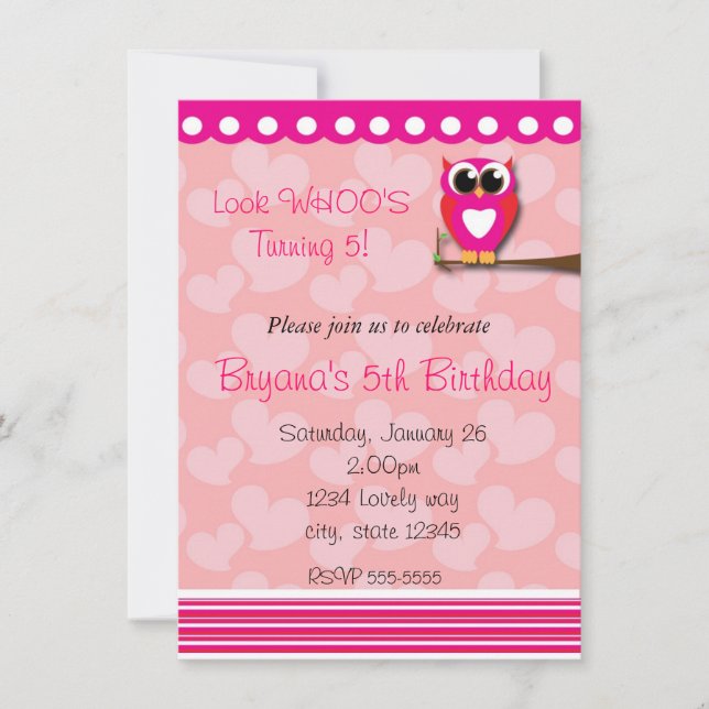 Invitación de cumpleaños de Lechuza Corazón día de (Anverso)
