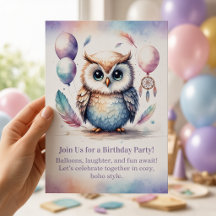 Invitación de cumpleaños de lechuza pequeña Boho d