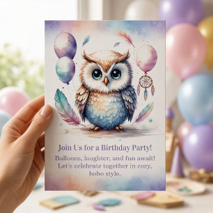 Invitación de cumpleaños de lechuza pequeña Boho d
