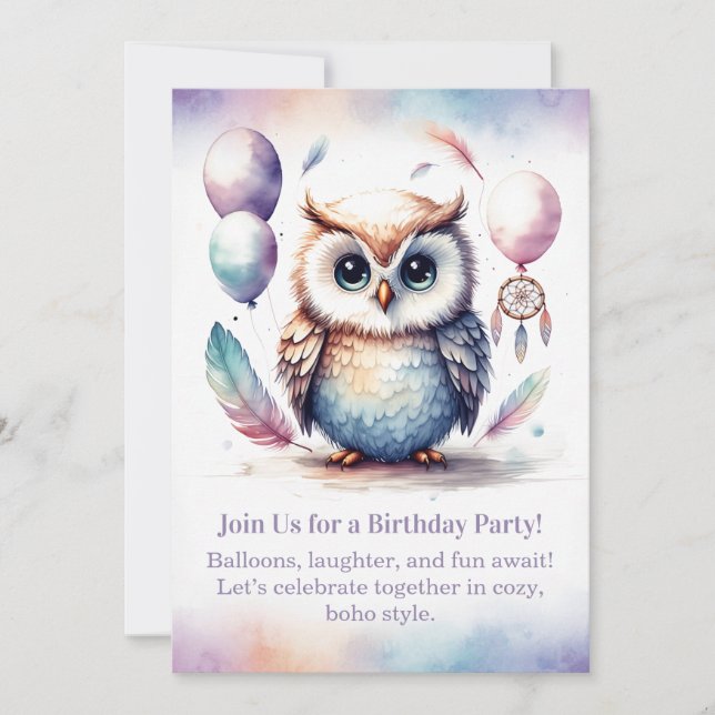 Invitación de cumpleaños de lechuza pequeña Boho d (Anverso)