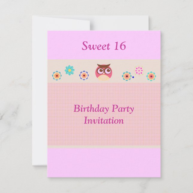 Invitación de cumpleaños de lechuza y flores dulce (Anverso)