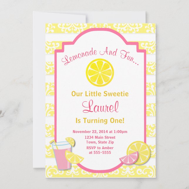 Invitación de cumpleaños de Lemonade Pink Lemonade (Anverso)