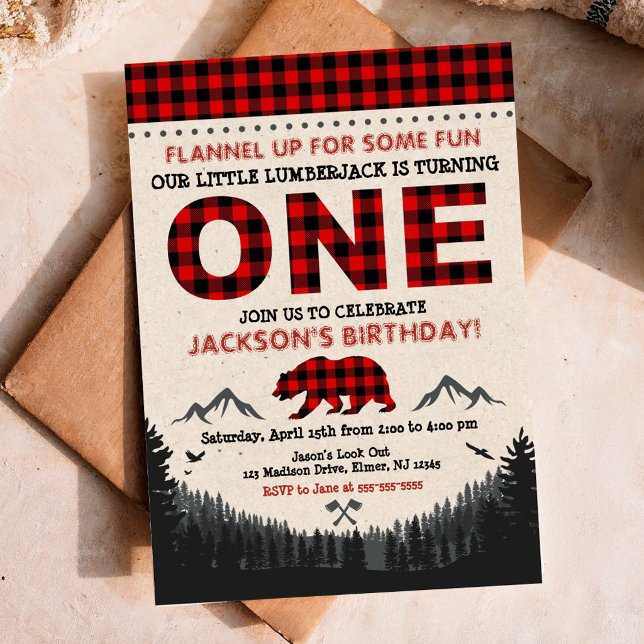Invitación de cumpleaños de leñador a cuadros de b (Subido por el creador)
