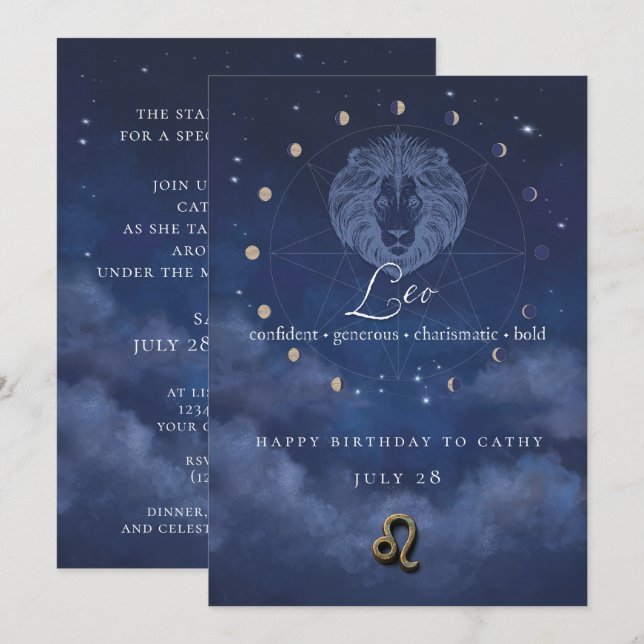 Invitación de cumpleaños de Leo Zodiaco (Anverso / Reverso)