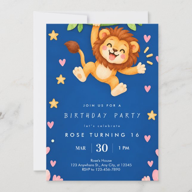 Invitación de cumpleaños de león adorable (Anverso)