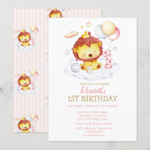 Invitación de cumpleaños de león bebé a la acuarel