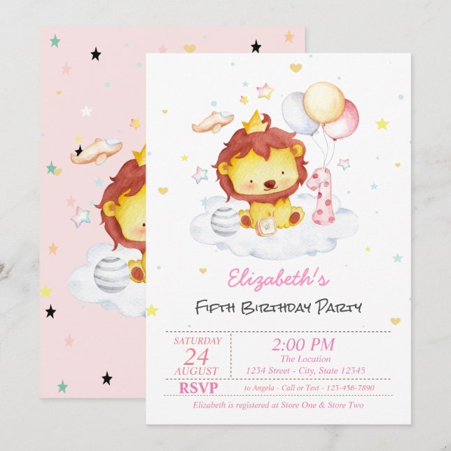 Invitación de cumpleaños de león bebé lindo (Anverso / Reverso)