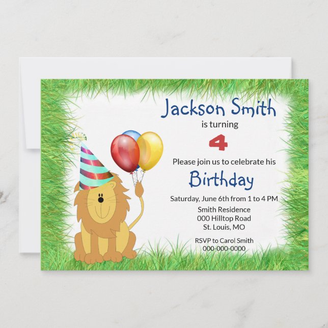 Invitación de cumpleaños de león de dibujos animad (Anverso)
