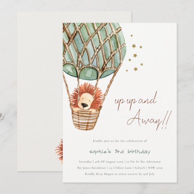 Invitación de cumpleaños de león Eco Green Hot Air (Anverso / Reverso)