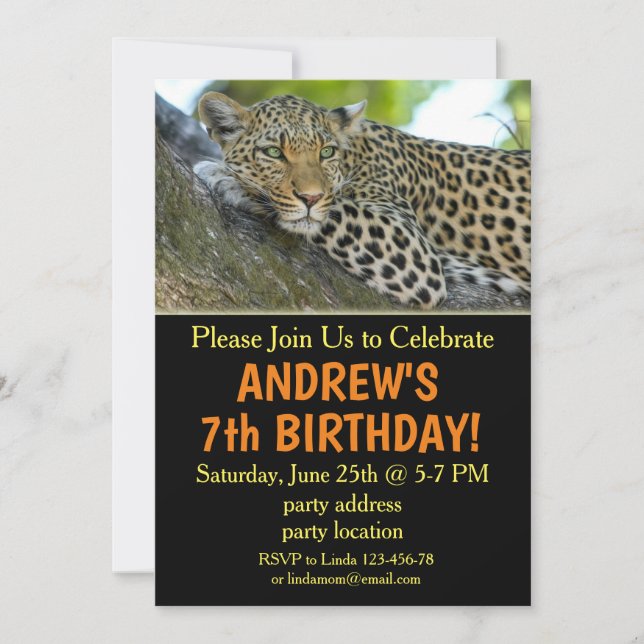 invitación de cumpleaños de leopardo, invitación d (Anverso)