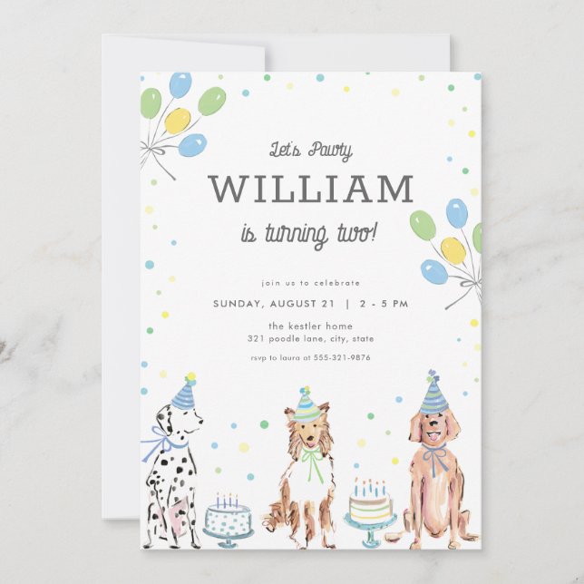 Invitación de cumpleaños de Let's Pawty Blue Boy D (Anverso)