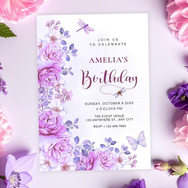 invitación de cumpleaños de libélula de flores (Subido por el creador)