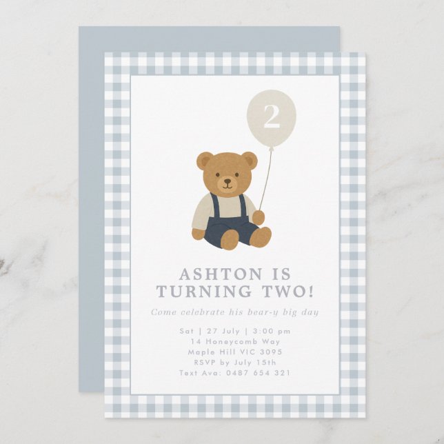 Invitación de cumpleaños de Light Blue Gingham Ted (Anverso / Reverso)