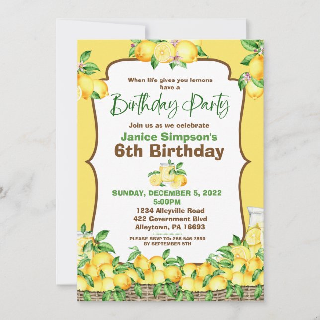 Invitación de cumpleaños de limón (Anverso)