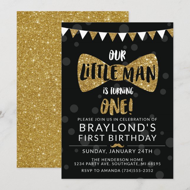 Invitación de cumpleaños de Little Man, negro y do (Anverso / Reverso)