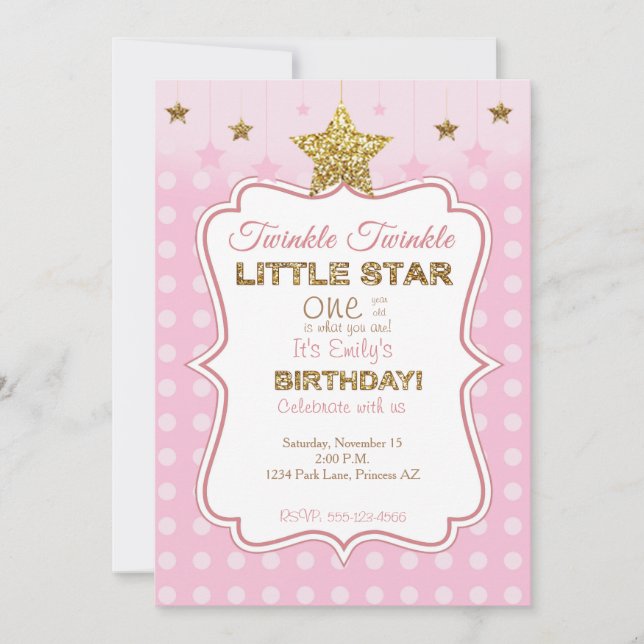Invitación de cumpleaños de Little Star en rosa y  (Anverso)