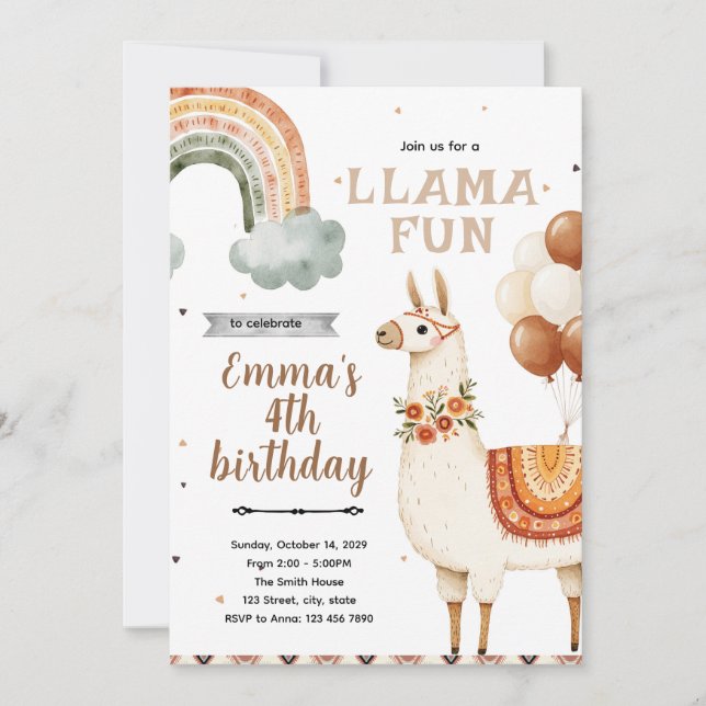 Invitación de cumpleaños de Llama Boho (Anverso)