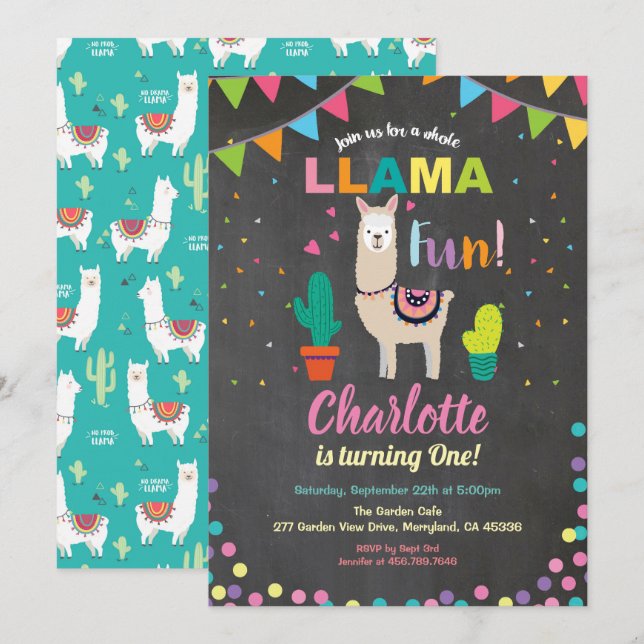 Invitación de cumpleaños de Llama. chica divertido (Anverso / Reverso)