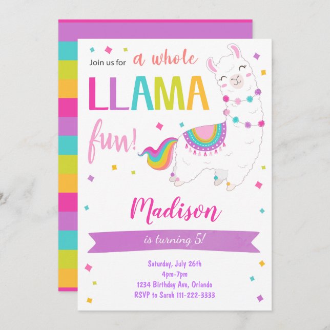 Invitación de cumpleaños de Llama completa (Anverso / Reverso)