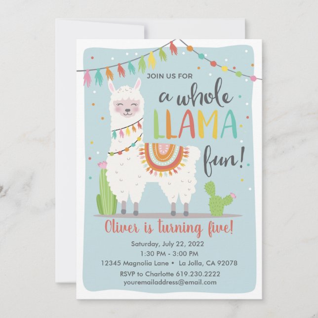 Invitación de cumpleaños de Llama completa ・ Cactu (Anverso)