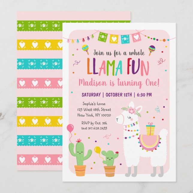 Invitación de cumpleaños de Llama completa Fun Fie (Anverso / Reverso)