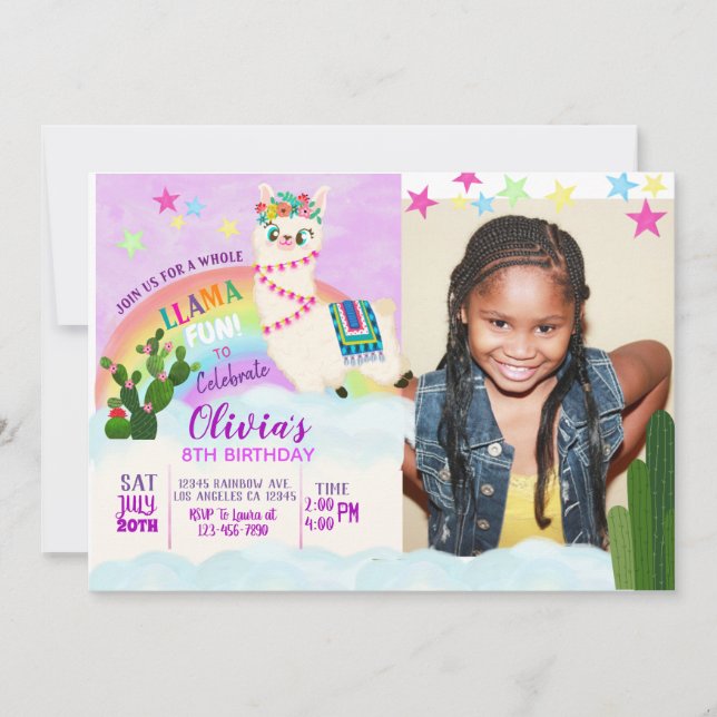 Invitación de cumpleaños de llama con foto (Anverso)